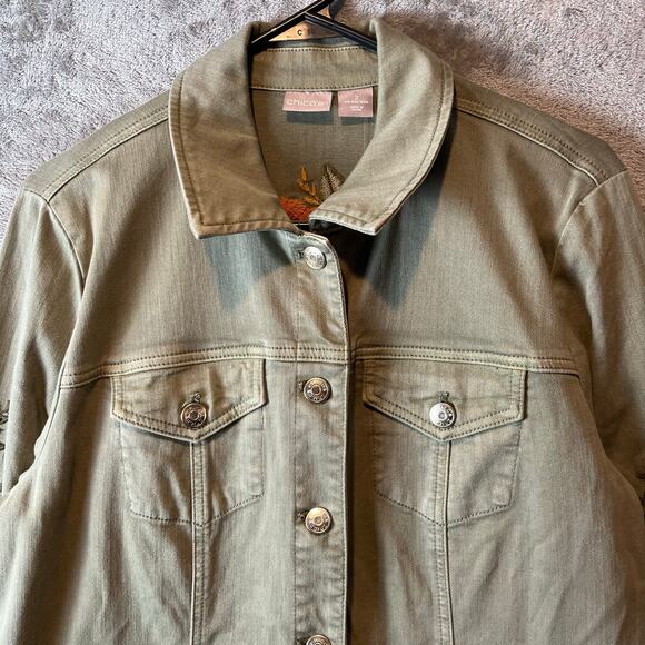 Chico’s Sage Green Utility Jacket Twill Embroidered Floral Women's Size 2 LG New - Picture 2 of 7